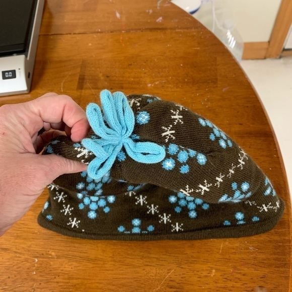 LL BEAN kids beanie hat fleece lined chocolate brown turquoise accent OSFM - Picture 3 of 6